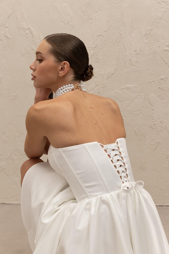 Simple Satin Short Wedding Dress - Strapless A-Line Bridal Shower & Elopement Gown