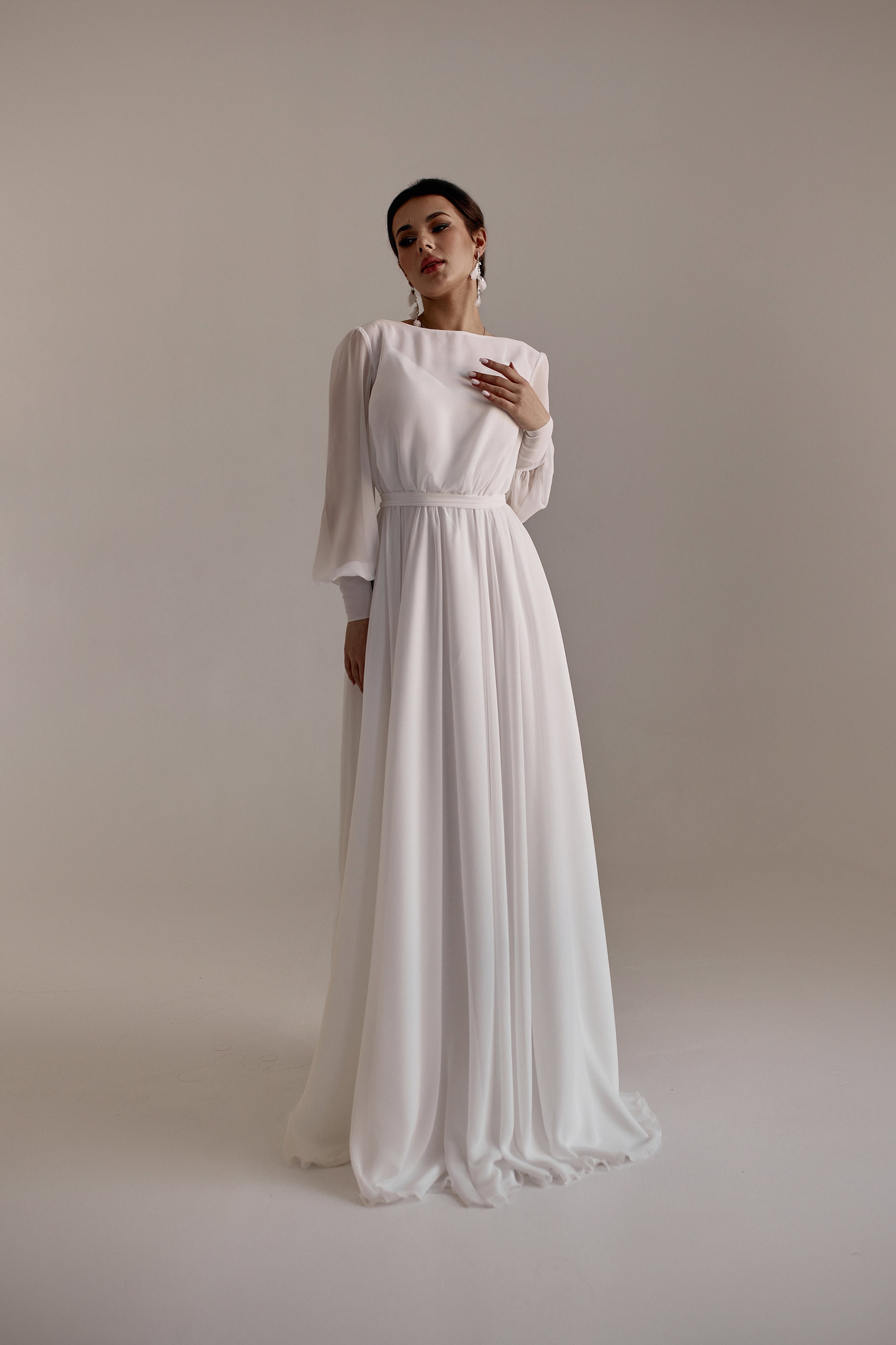 Chiffon Maxi Wedding Dress, Long Sleeve A-Line Bridal Gown