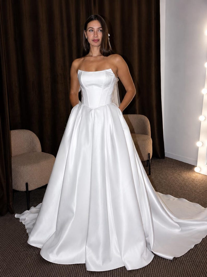 Mikado Ball Gown Wedding Dress, Strapless Bridal Gown With Train