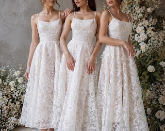 Lace Tea Length Wedding Dress, A Line Bridal Gown, Custom Wedding Dress