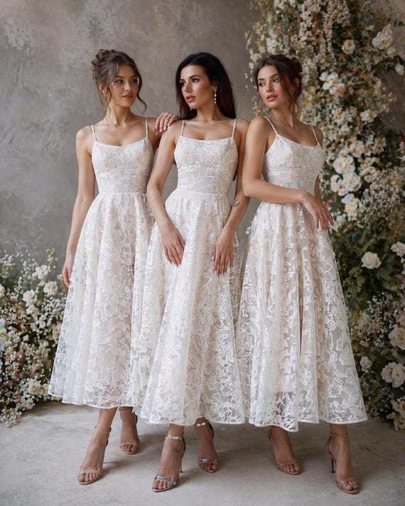 Lace Wedding Dress with Shine, Floral Midi Bridal Gown with Straps, Custom Made Dress