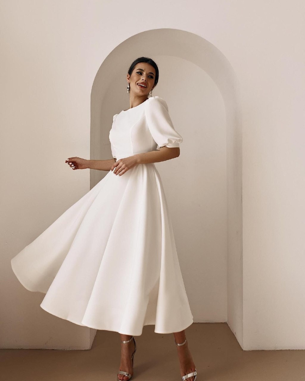 Homecoming Dresses All White Knee Length Dress Strapless Wedding Flared  Skirt Midi Dress Sleeve Tea Length