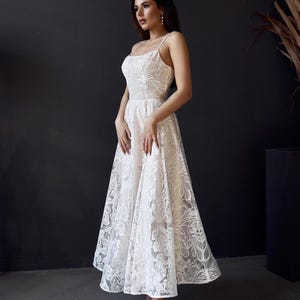 Floral Lace Midi Wedding Dress, Tea Length Tulle Skirt