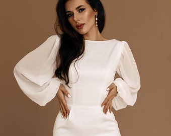 Ivory Satin Midi Wedding Dress, Long Chiffon Sleeves, Pencil Skirt, Civil Ceremony Bridal Gown