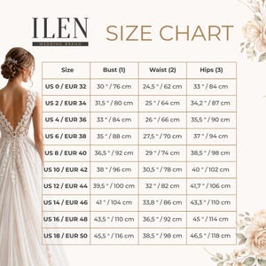 Może przedstawiać: Tabela rozmiar&oacute;w marki ILEN Wedding Brand z kolumnami dla rozmiaru, biustu, talii i bioder. Wymiary podano w calach i centymetrach dla rozmiar&oacute;w amerykańskich od 0 do 18 oraz europejskich od 32 do 50. Brązowy tekst na białym tle.
