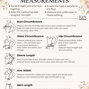 Może przedstawiać: Instruktażowa infografika zatytułowana HOW TO TAKE YOUR MEASUREMENTS z motywami kwiatowymi. Zawiera czarne rysunki liniowe postaci pokazujące, jak mierzyć biust, talię, biodra, długość rękawa, szerokość ramienia oraz długość sp&oacute;dnicy.