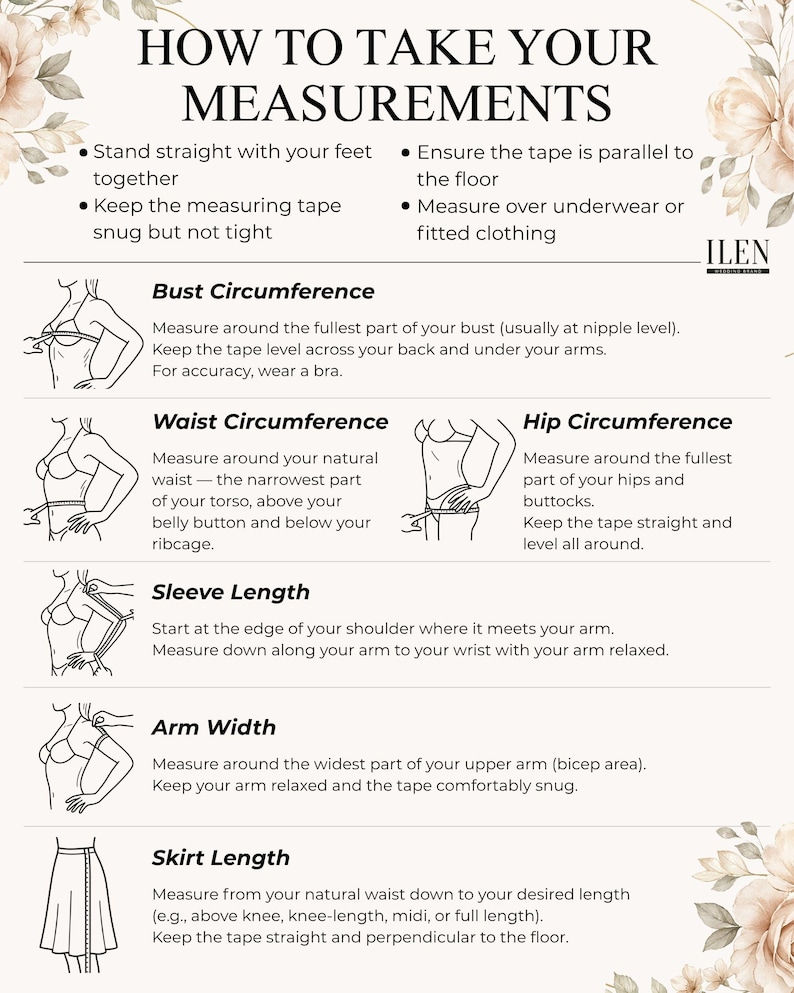 Może przedstawiać: Instruktażowa infografika zatytułowana HOW TO TAKE YOUR MEASUREMENTS z motywami kwiatowymi. Zawiera czarne rysunki liniowe postaci pokazujące, jak mierzyć biust, talię, biodra, długość rękawa, szerokość ramienia oraz długość sp&oacute;dnicy.