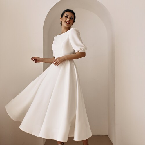 Off White Crepe Midi Wedding Dress, Open Back, Short Sleeve