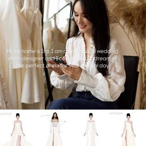 A woman is sitting in a chair in a bridal shop, looking at a phone and holding a sketchbook. The image also includes four different sketches of women wearing various styles of white dresses.