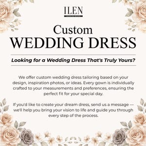 Może przedstawiać: Biała grafika informacyjna z kwiatowymi ilustracjami w rogach. Tekst brzmi: ILEN WEDDING BRAND, Custom WEDDING DRESS, Looking for a Wedding Dress That's Truly Yours? Oferujemy usługi krawieckie w zakresie szycia sukien na zam&oacute;wienie.