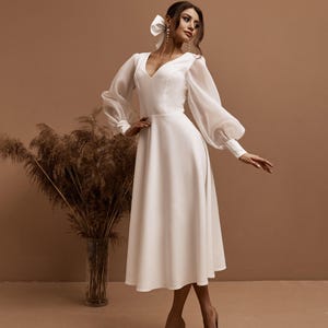 Midi Wedding Dress with Long Sleeves, V Neck Bridal Gown for Civil Ceremony