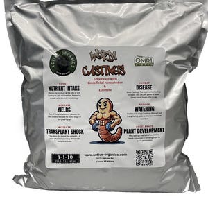 May include: A white bag of worm castings fertilizer with a red and black cartoon worm on the front. The bag is labeled "Worm Castings" and "Enhanced with Beneficial Nematodes & Azomite". The bag also lists the benefits of using the product, such as boosting nutrient intake, increasing yields, mitigating transplant shock, combating disease, reducing watering, and accelerating plant development. The bag is labeled "OMRI Listed" and has a 1-1-10 ratio.