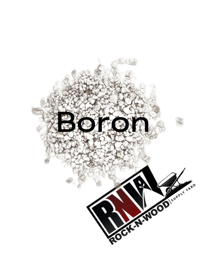 May include: A close-up of a pile of white boron granules. The word "Boron" is written in black text on a white background.