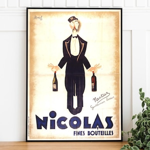 Póster publicitario vintage, descarga digital de Nicolas Fine Wine, arte mural moderno, impresión artística retro de restaurante, impresión en casa