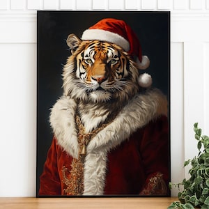 Christmas Tiger Poster, Holiday decoration, Digital Download, Printable Festive Lion, Animal Head On Human Body, Funny Home Decor