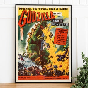 Locandina classica del film Godzilla, download digitale vintage, arte murale alla moda, arredamento per la sala cinema, stampa a casa, oggetto da collezione per appassionati di cinema