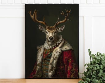 鹿のヴィンテージ肖像画 - ルネッサンス動物絵画を動物の頭部と人間の