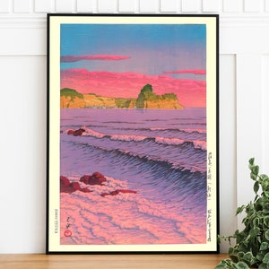 Póster japonés vintage: Mar matutino en Shiribeshi de Kawase Hasui, póster oceánico, descarga digital, arte retro imprimible, decoración japonesa