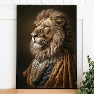 Vintage Lion Portrait Poster, Altered Art Print, Lion Digital Download, Printable Renaissance Lion, Animal Head On Human Body, Kids Room Art