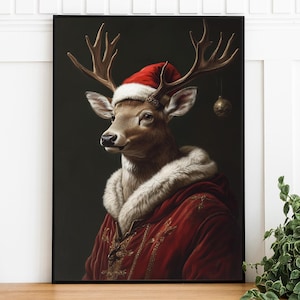Christmas Stag Poster, Holiday decoration, Digital Download, Printable Festive Reindeer, Animal Head On Human Body, Funny Home Decor