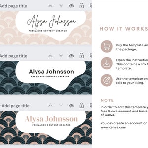 K&ouml;nnte beinhalten: Digitale Vorlagendesigns mit dem Namen "Alysa Johnsson, Freelance Content Creator". Die Designs zeigen f&auml;cherf&ouml;rmige Muster in neutralen und teal Farbt&ouml;nen. Anweisungen zur Verwendung der Vorlage sind ebenfalls enthalten.