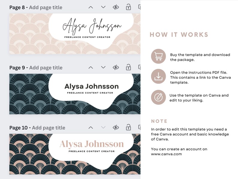 K&ouml;nnte beinhalten: Digitale Vorlagendesigns mit dem Namen "Alysa Johnsson, Freelance Content Creator". Die Designs zeigen f&auml;cherf&ouml;rmige Muster in neutralen und teal Farbt&ouml;nen. Anweisungen zur Verwendung der Vorlage sind ebenfalls enthalten.
