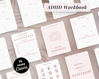 May include: A pink and white printable ADHD workbook with 14 pages. The workbook includes pages for idea overview, pain tracker, energy tracker, focus planner, yoga journal, and a quote page. The workbook is designed to help people with ADHD manage their symptoms and live a more fulfilling life.
