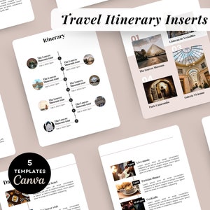 Puede incluir: Un conjunto de cinco plantillas de itinerario de viaje imprimibles para Canva. Las plantillas presentan un diseño minimalista con un fondo marrón claro y texto negro. Las plantillas incluyen imágenes de la Torre Eiffel, el Museo del Louvre y el Palacio de Versalles.