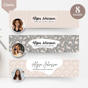 May include: A bundle of eight Canva banner templates. Each banner features a photo of a woman, the name "Alysa Johnson", and the text "FREELANCE CONTENT CREATOR". The banners have various neutral color schemes and patterns.