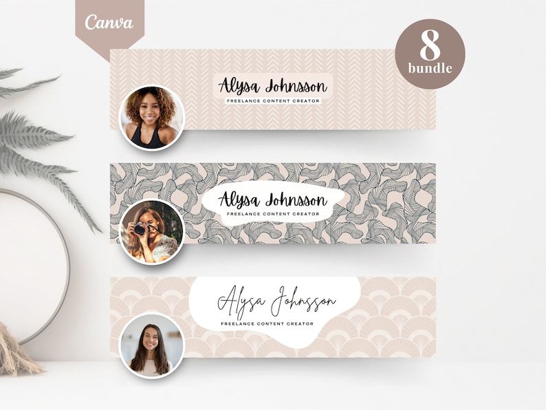 K&ouml;nnte beinhalten: Ein Paket mit acht Canva-Banner-Vorlagen. Jedes Banner zeigt ein Foto einer Frau, den Namen "Alysa Johnson" und den Text "FREELANCE CONTENT CREATOR". Die Banner haben verschiedene neutrale Farbschemata und Muster.