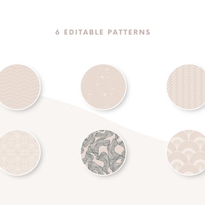 K&ouml;nnte beinhalten: Sechs kreisf&ouml;rmige Designs mit verschiedenen Mustern, darunter Zickzack, Sprenkel, Fischgr&auml;tenmuster, geometrische Formen, blattartige und f&auml;cherf&ouml;rmige Designs. Die Designs sind in einer neutralen Farbpalette aus Beige und Off-White gehalten. Der Text "6 EDITABLE PATTERNS" ist oben.
