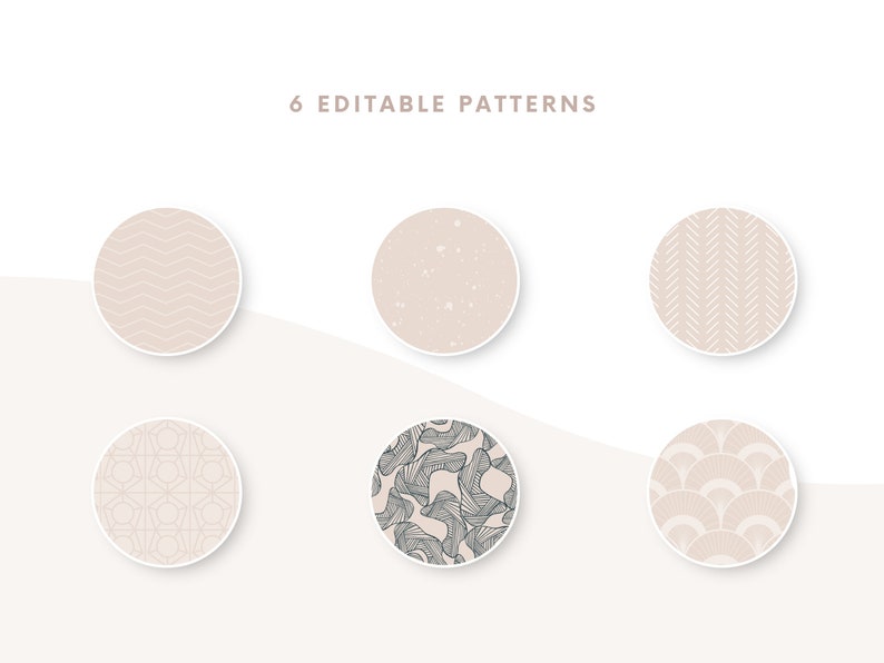 K&ouml;nnte beinhalten: Sechs kreisf&ouml;rmige Designs mit verschiedenen Mustern, darunter Zickzack, Sprenkel, Fischgr&auml;tenmuster, geometrische Formen, blattartige und f&auml;cherf&ouml;rmige Designs. Die Designs sind in einer neutralen Farbpalette aus Beige und Off-White gehalten. Der Text "6 EDITABLE PATTERNS" ist oben.
