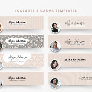 K&ouml;nnte beinhalten: Eine Sammlung von acht Canva-Vorlagen in neutralen Farbt&ouml;nen. Jede Vorlage zeigt ein Portr&auml;t, den Namen "Alysa Johnsson" und den Titel "Freelance Content Creator". Der Text "INCLUDES 8 CANVA TEMPLATES" steht oben.