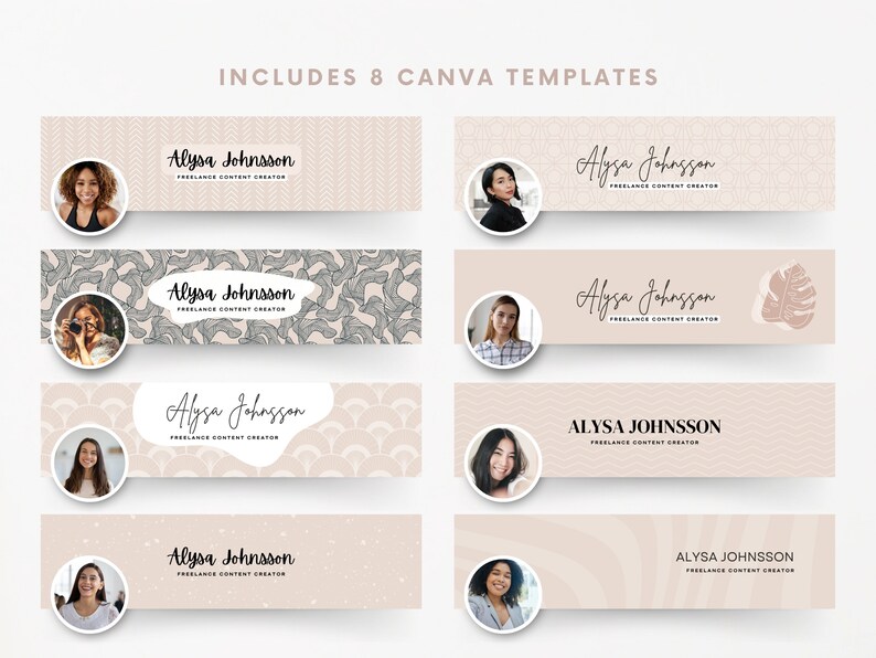 K&ouml;nnte beinhalten: Eine Sammlung von acht Canva-Vorlagen in neutralen Farbt&ouml;nen. Jede Vorlage zeigt ein Portr&auml;t, den Namen "Alysa Johnsson" und den Titel "Freelance Content Creator". Der Text "INCLUDES 8 CANVA TEMPLATES" steht oben.