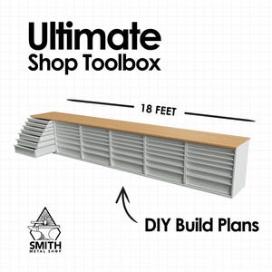 Pode incluir: Uma caixa de ferramentas de oficina branca e de madeira com 5,5 metros de espaço de armazenamento. A caixa de ferramentas tem várias gavetas e prateleiras. Os planos de construção DIY estão incluídos.