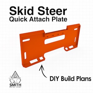 Może przedstawiać: Pomarańczowa metalowa płyta szybkiego montażu do ładowarki kołowej z napędem na wszystkie koła. W zestawie są plany budowy DIY.