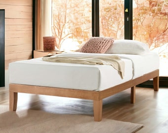 12” Solid Wood Platform Bed,Mid Century Modern Bed Frame with Wooden Slats,Rustic Handmade Low Floor Bed,King Queen Bed,Loft Bed Slots