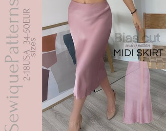 Satin Midi Skirt Sewing Pattern, Beginner Elastic Waist (PDF Download)