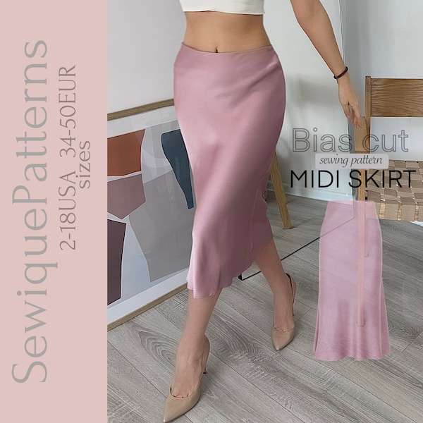 Sleep style satin skirt sewing pattern PDF 2-18 USA 34-50 EUR all sizes with an elastic band for beginners, instant download A0, A4