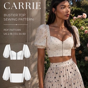 Bustier Top Sewing Pattern, PDF Pattern with Puff Sleeves, Front Zipper, US 2-18 / EU 34-50