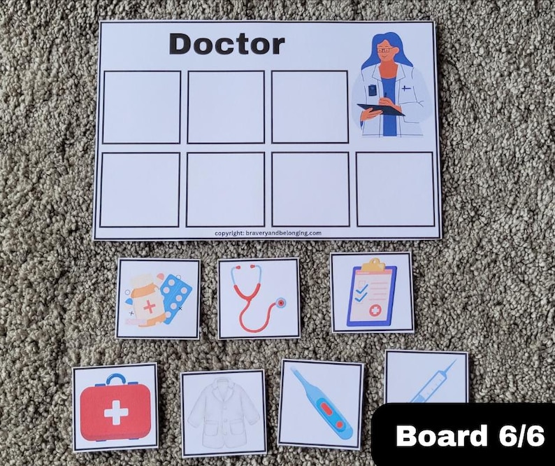 Op de afbeelding: Een printbaar bordspel voor kinderen met een doktersthema. Het bord heeft zes vakjes met afbeeldingen van een dokter, een stethoscoop, een EHBO-doos, een thermometer, een doktersjas en een spuit. De tekst "Doctor" staat bovenaan het bord en "Board 6/6" onderaan.