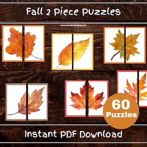 May include: A set of autumn-themed 2-piece puzzles. The puzzles feature watercolour illustrations of fall leaves in orange, red, and yellow hues. The image includes the text "Fall 2 piece puzzles" and "Instant PDF Download" on a dark wood background.