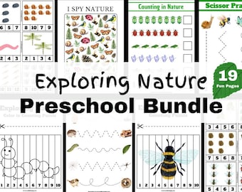 Op de afbeelding: Educatieve activiteitpagina's voor kleuters met een natuurthema. De pagina's bevatten tel-, traceer- en 'I Spy'-spellen met illustraties van insecten, dieren en planten. De tekst luidt 'Exploring Nature Preschool Bundle'.