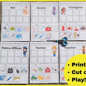 Op de afbeelding: Zes bedrukbare matching-spelkaarten met hulpverleners in de gemeenschap. Elke kaart heeft een titel, een afbeelding van een persoon en een raster met negen vierkanten. De vierkanten zijn leeg, maar onderaan elke kaart staan negen afbeeldingen die kunnen worden uitgeknipt en aan de vierkanten kunnen worden gekoppeld. De kaarten zijn getiteld: Dierenarts, Dokter, Brandweerman, Politieagent, Boeren en Leraar. De tekst "Print, Knip uit, Speel!" staat in het zwart op een gele cirkel.