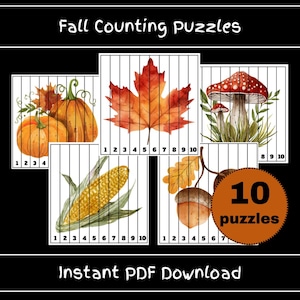 May include: A set of autumn-themed counting puzzles. The puzzles display watercolour illustrations of pumpkins, a maple leaf, a mushroom, corn, and acorns. Each puzzle is divided into numbered sections, with the text "Fall Counting Puzzles" at the top and "Instant PDF Download" at the bottom.