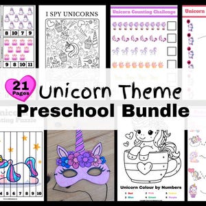 May include: A collection of 21-page unicorn-themed preschool activity sheets. The bundle includes counting, shape matching, and coloring pages, along with an I Spy game and a unicorn mask. The text on the image reads "Unicorn Theme Preschool Bundle".