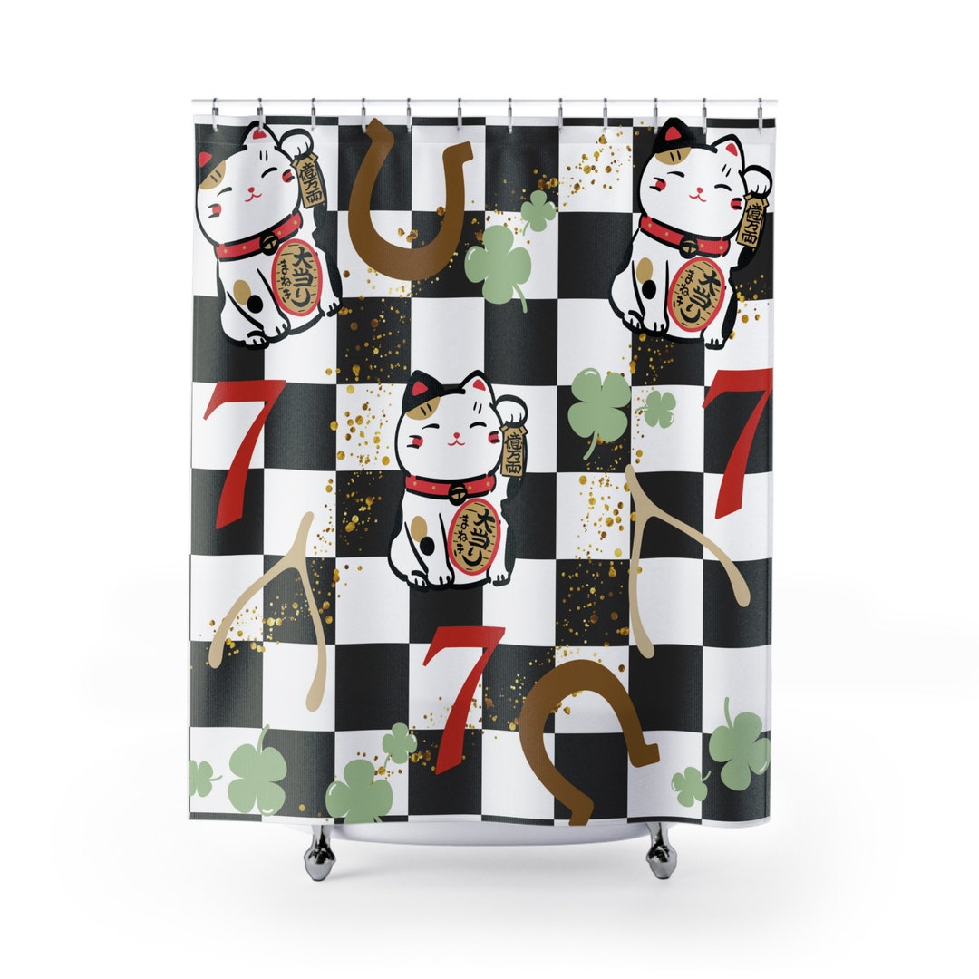 Lucky Charm Fabric Shower Curtain Black & White Checkered, Horseshoe, Number 7, Manekineko Cats