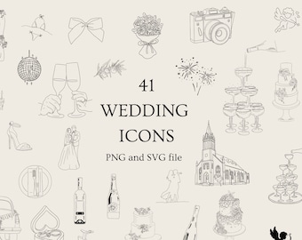 Könnte beinhalten: Ein Set mit 41 schwarzen und weißen Hochzeitssymbolen, darunter eine Kirche, eine Torte, Sektgläser, ein Blumenstrauß, eine Kamera, eine Schleife, ein Kronleuchter, ein Auto, ein Paar, eine Discokugel, ein Herz, ein Schuh, eine Champagnerflasche, ein Ring, Feuerwerk, ein Engel und mehr.
