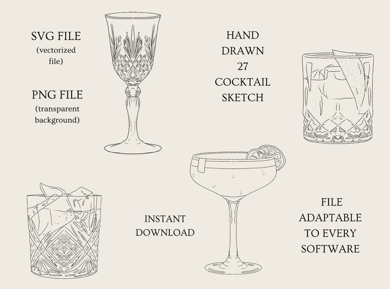 Cocktail Bundle SVG Hand Drawn Cocktail Clipart PNG Custom Cocktail ...