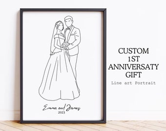 First Anniversary Gift Couple Portrait 1st Anniversary Gift Personalized Illustration 1st Anniversary Gift for Wife Custom Line Art Drawing